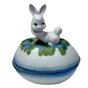 Bisque Bunny Rabbit Egg-Shaped Covered Trinket Candy Dish 5" Easter Decor VTG